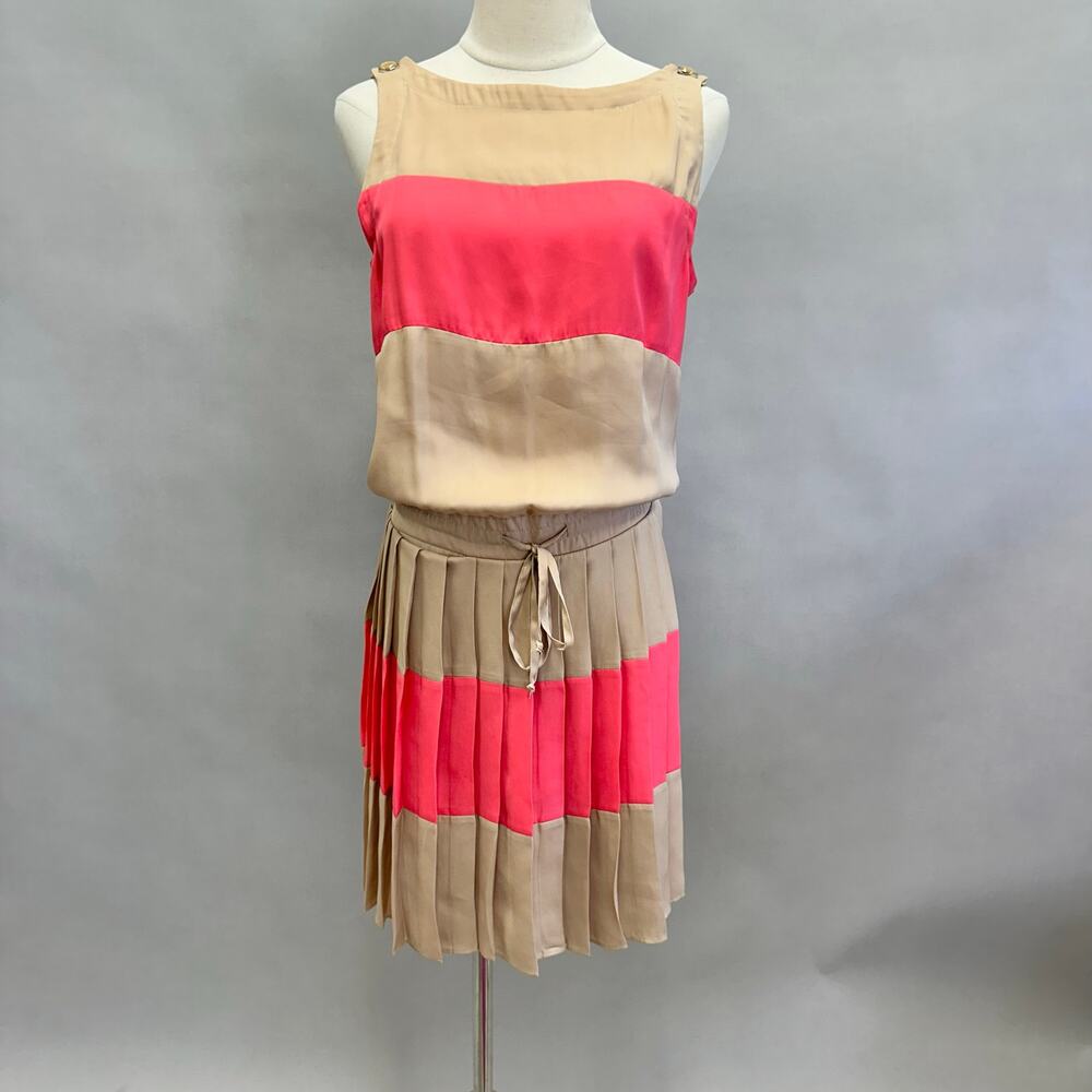 Vintage 90s Cache tan/coral colorblock pleated mini blouson tank dress sz‎ Small